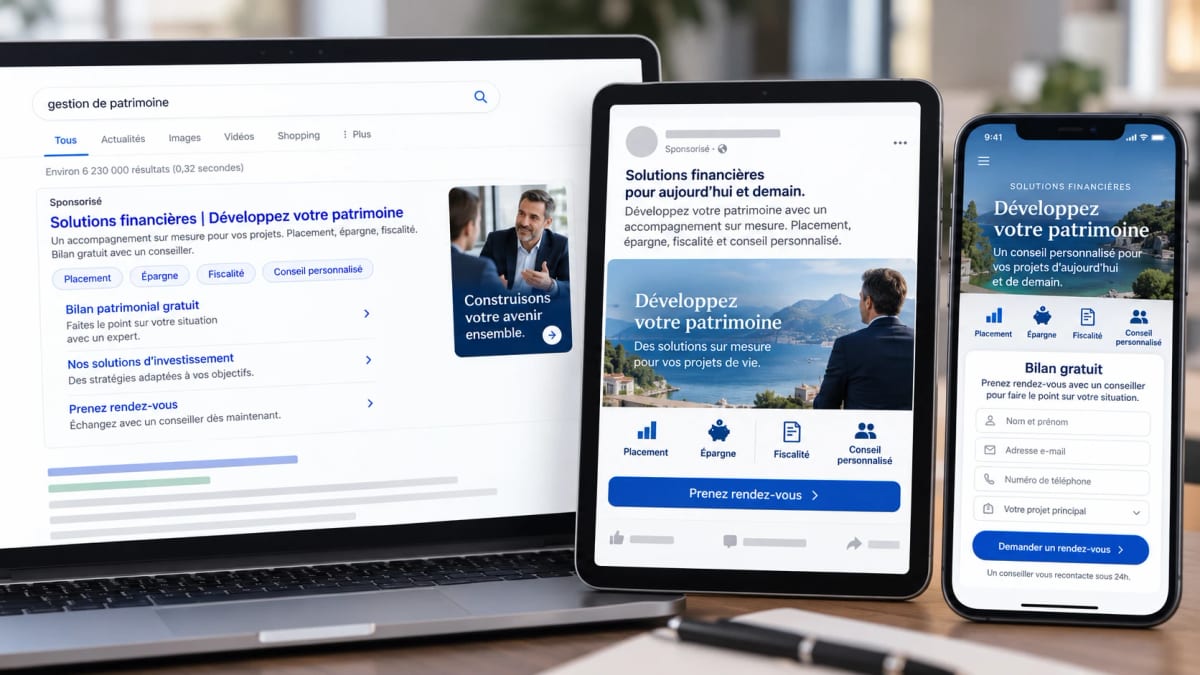 Annonce Google, publicité sociale et page de rendez-vous pour un cabinet de gestion de patrimoine
